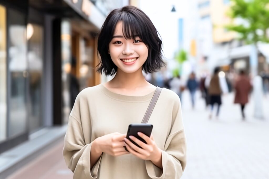 女性がスマホを持ち、微笑みかける写真